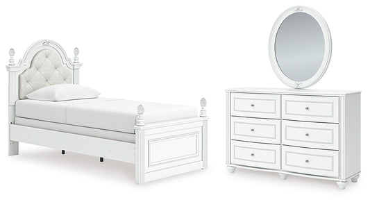 Kozlani Twin Upholstered Panel Bed, Dresser and Mirror