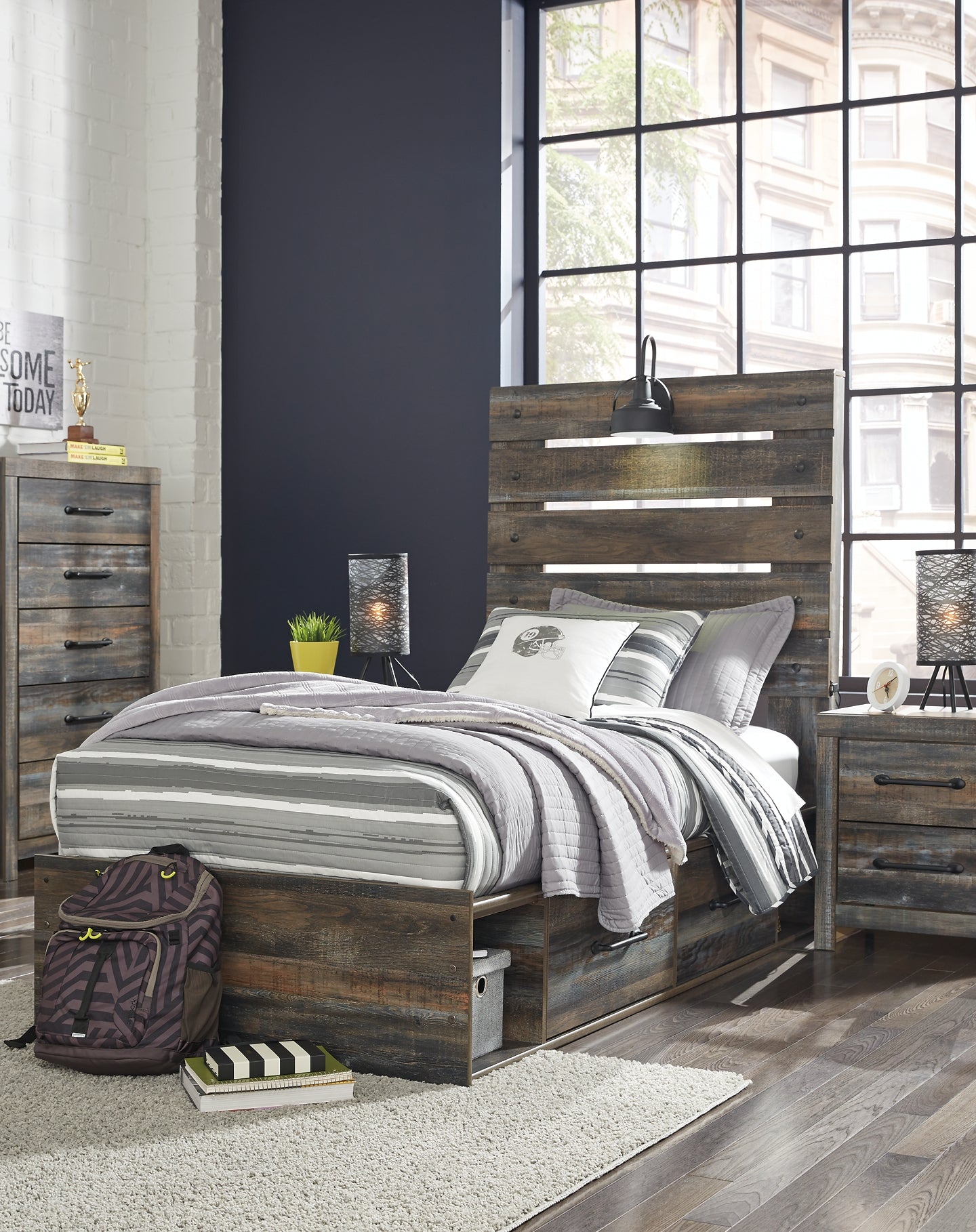 Drystan Twin Panel Bed with 4 Storage Drawers with Mirrored Dresser, Chest and Nightstand
