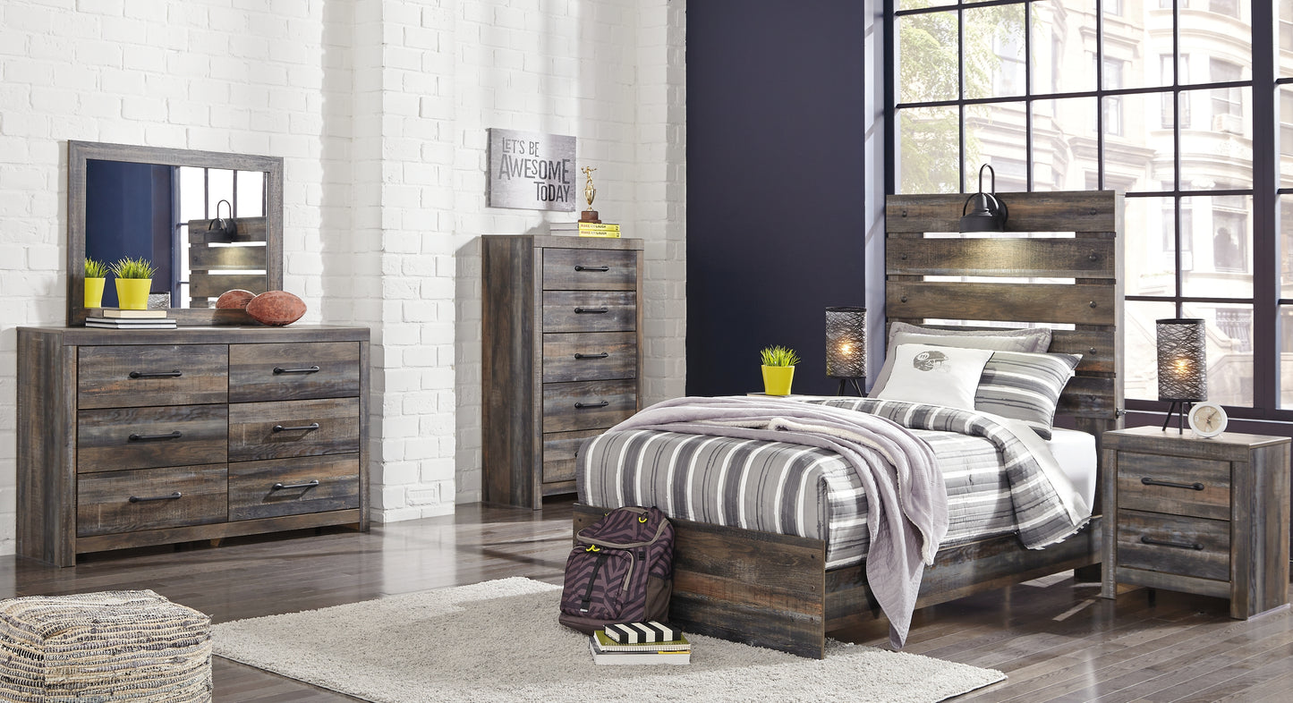 Drystan Twin Panel Bed with Mirrored Dresser, Chest and 2 Nightstands